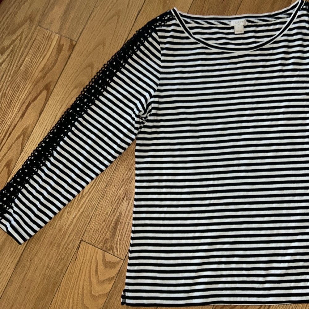 J. Crew Striped Top with Lace Design Sleeves EUC